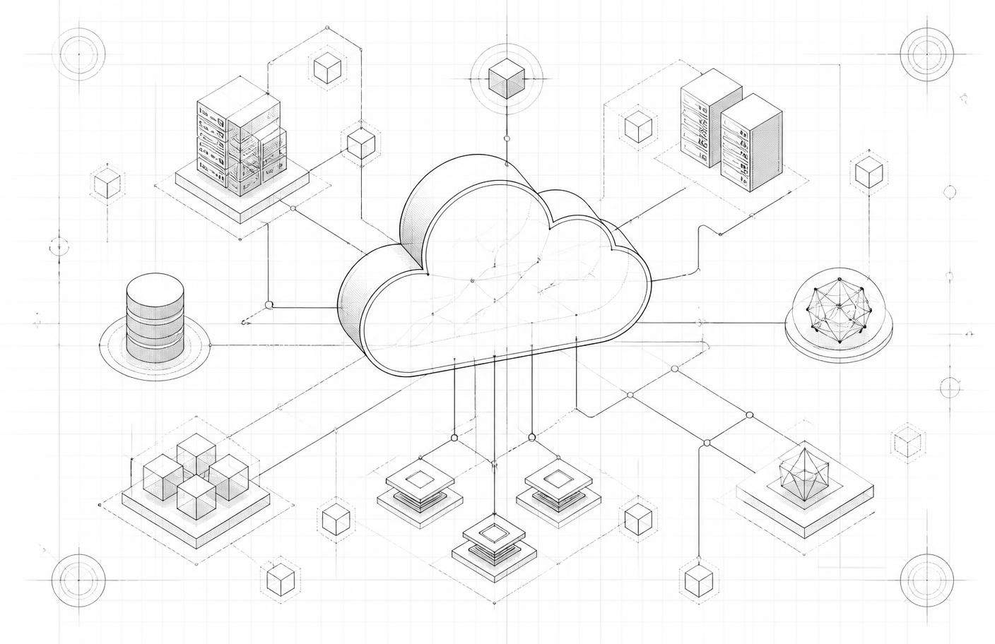 Line-drawn technical diagram of cloud infrastructure components and their connections