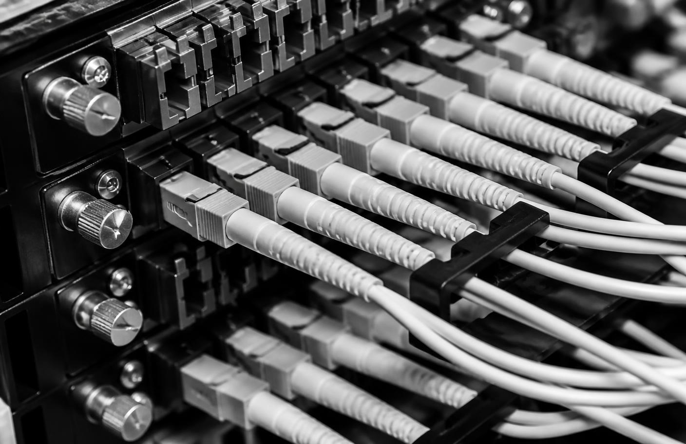 Detailed monochrome photograph of structured network cabling in a patch panel