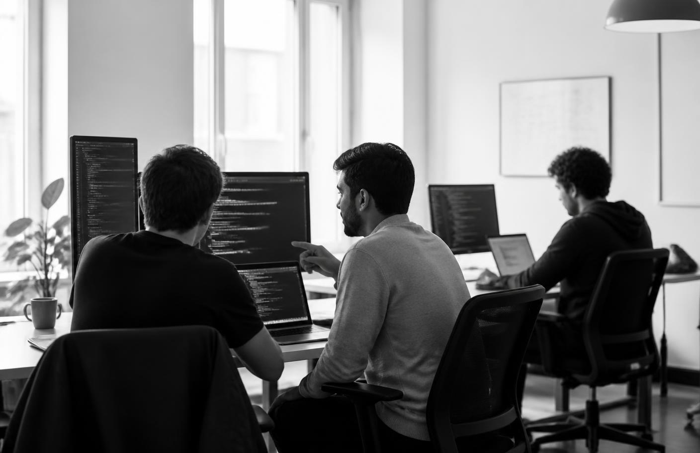 Engineers collaborating in front of code on screens in a minimal workspace